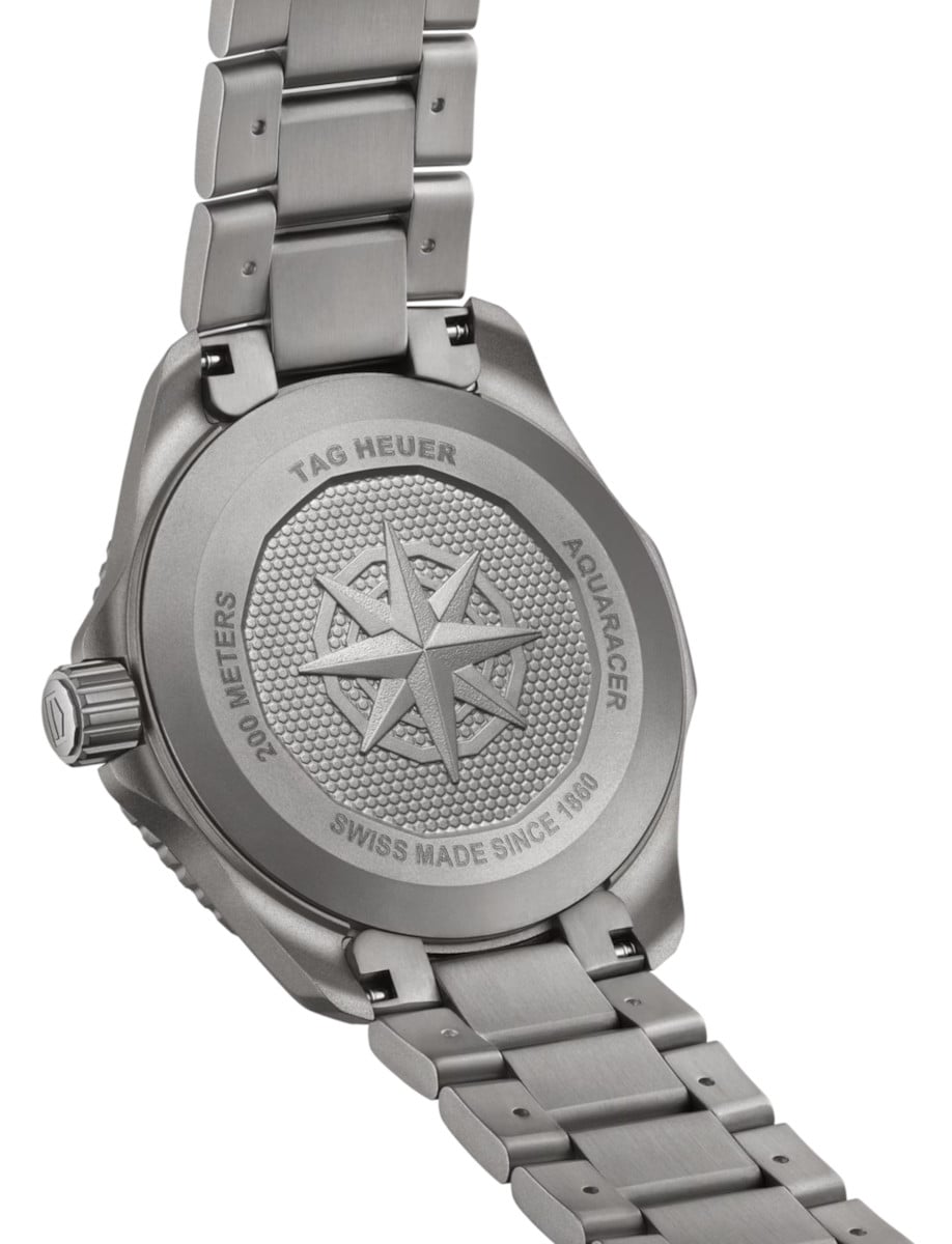 Back view of Tag Heuer wristwatch with titanium case and bracelet.