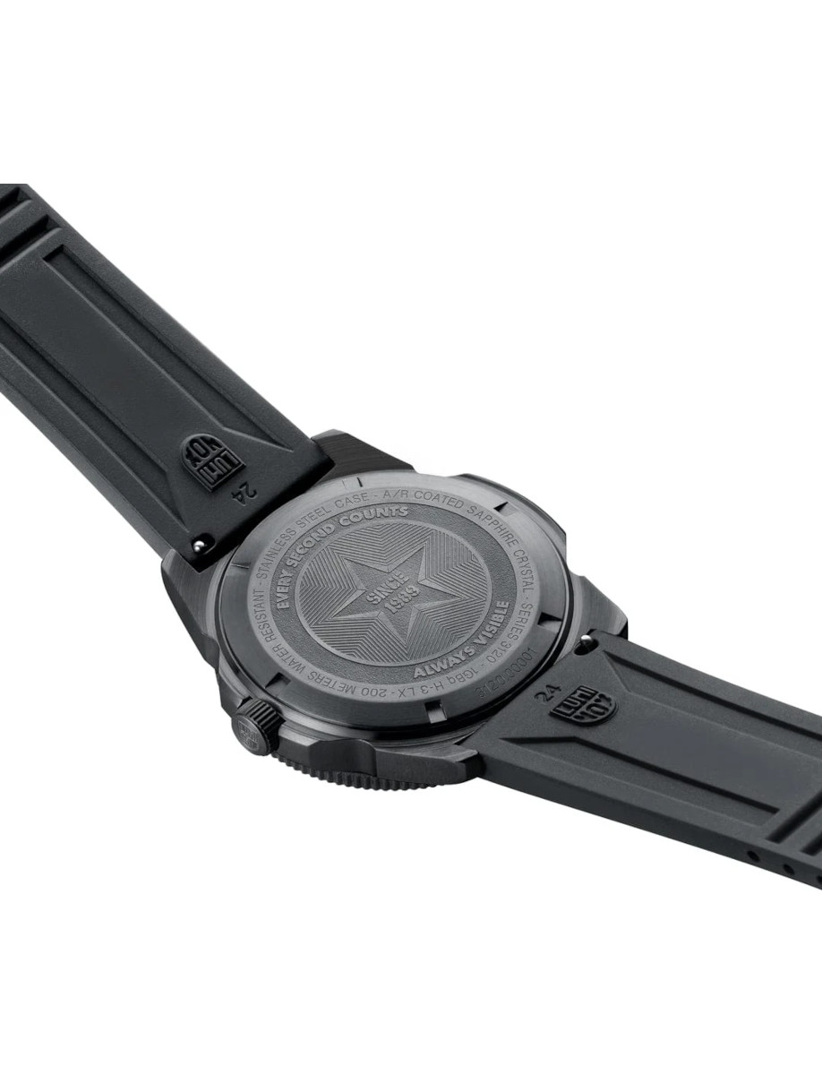 Back view of an IP black stainless steel wristwatch with a black rubber strap