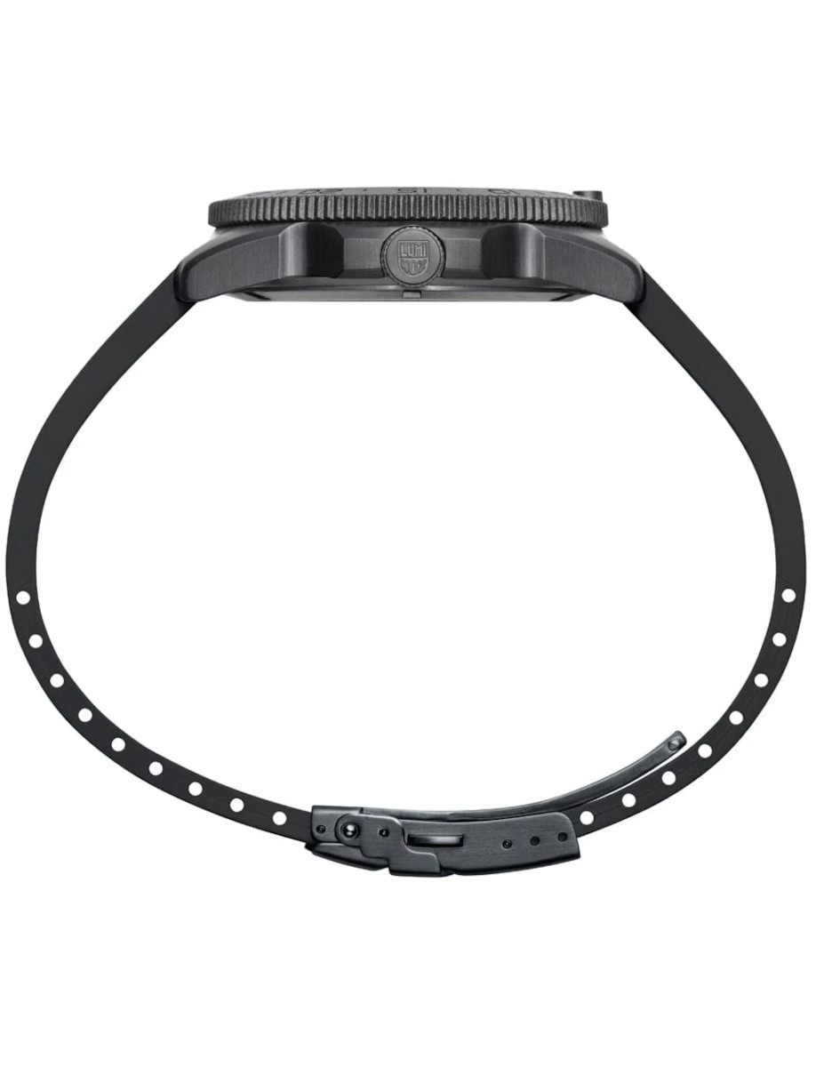 Side view of an IP black stainless steel wristwatch and black rubber strap, showing the crown on the side.
