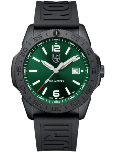 A wristwatch with IP black stainless steel case, a green dial, and a black rubber strap