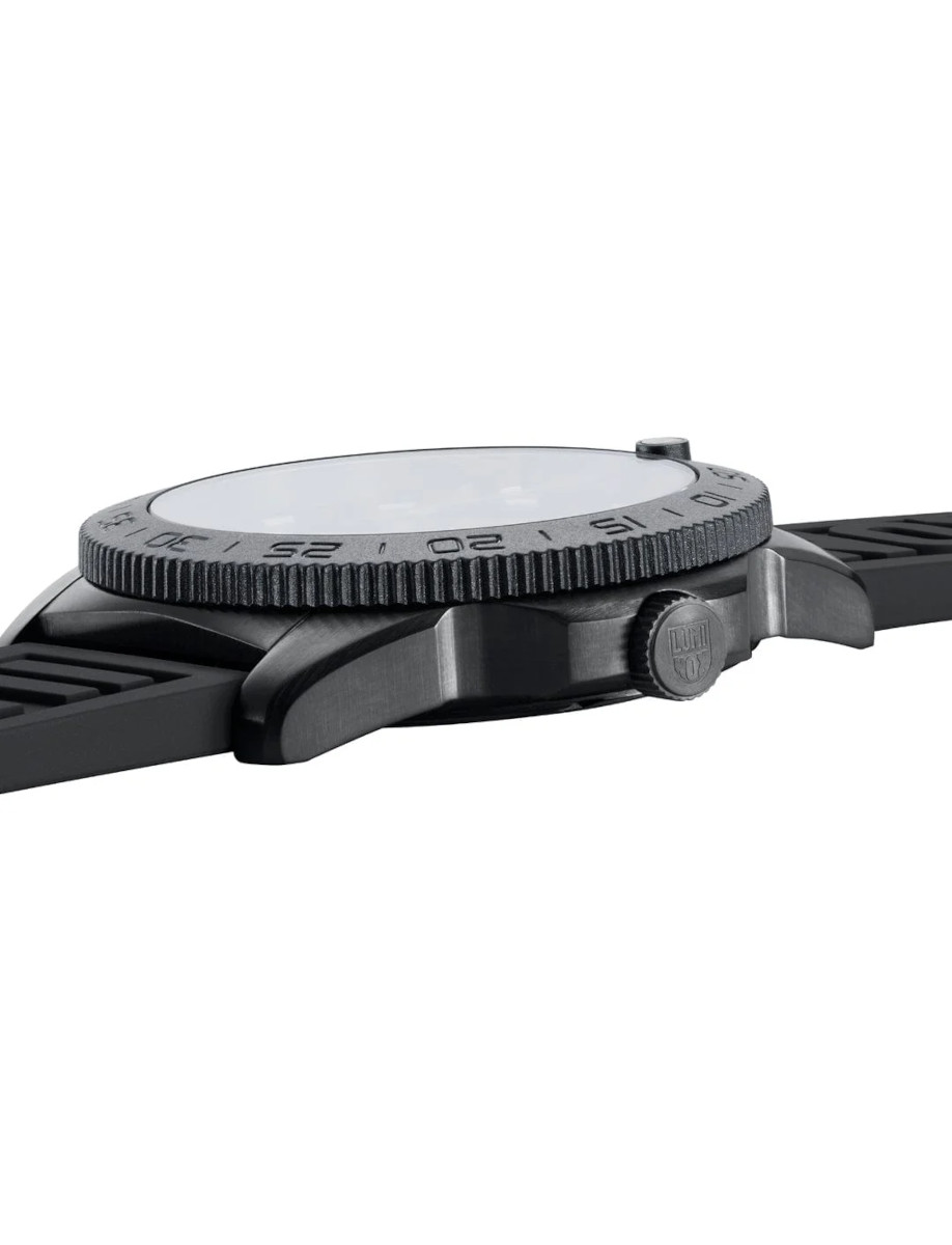 Side view of an IP black stainless steel wristwatch  and black rubber strap, showing the crown on the side.