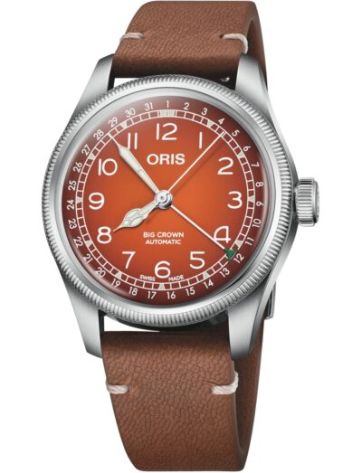 Oris wristwatch with stainless steel case, orange dial and brown Cervo Volante deer leather