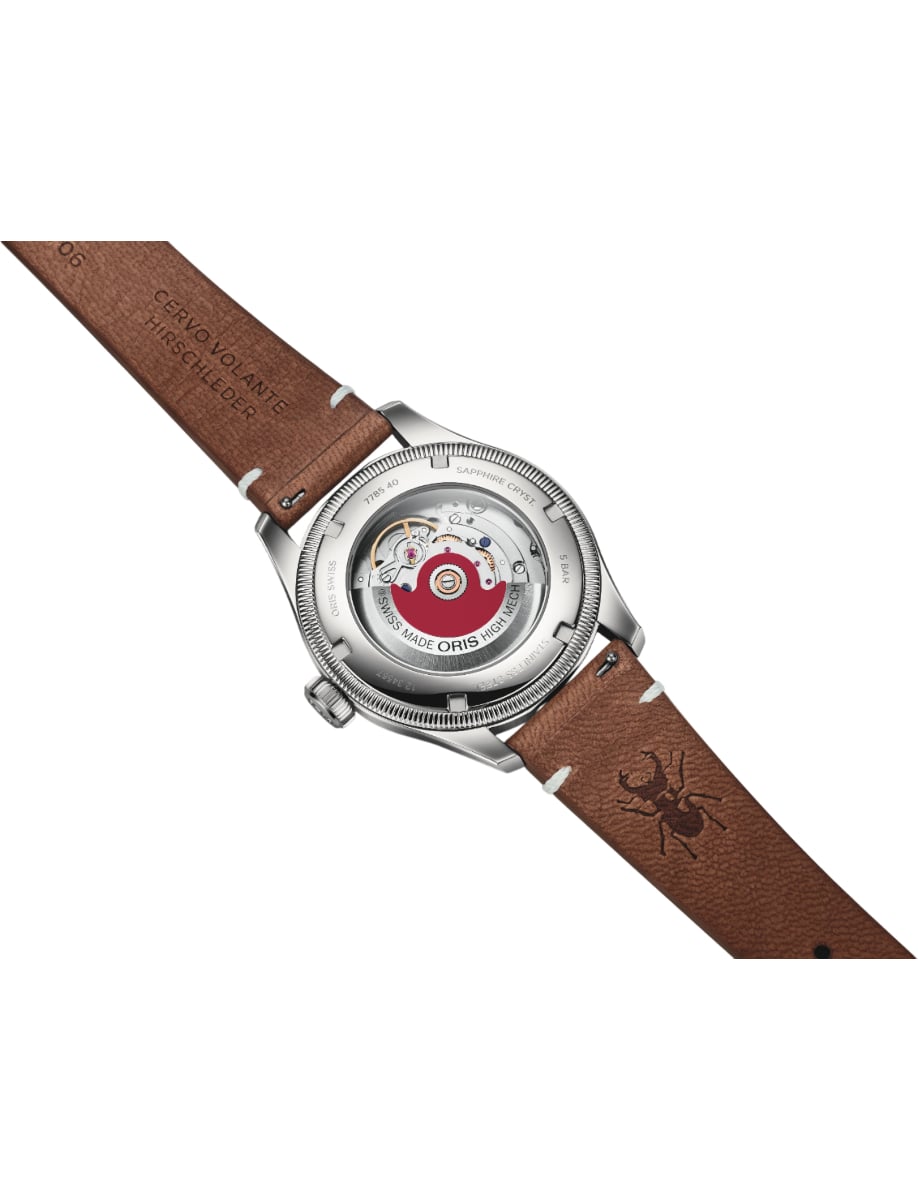 Back view of Oris wristwatch with stainless steel case, orange dial and brown Cervo Volante deer leather