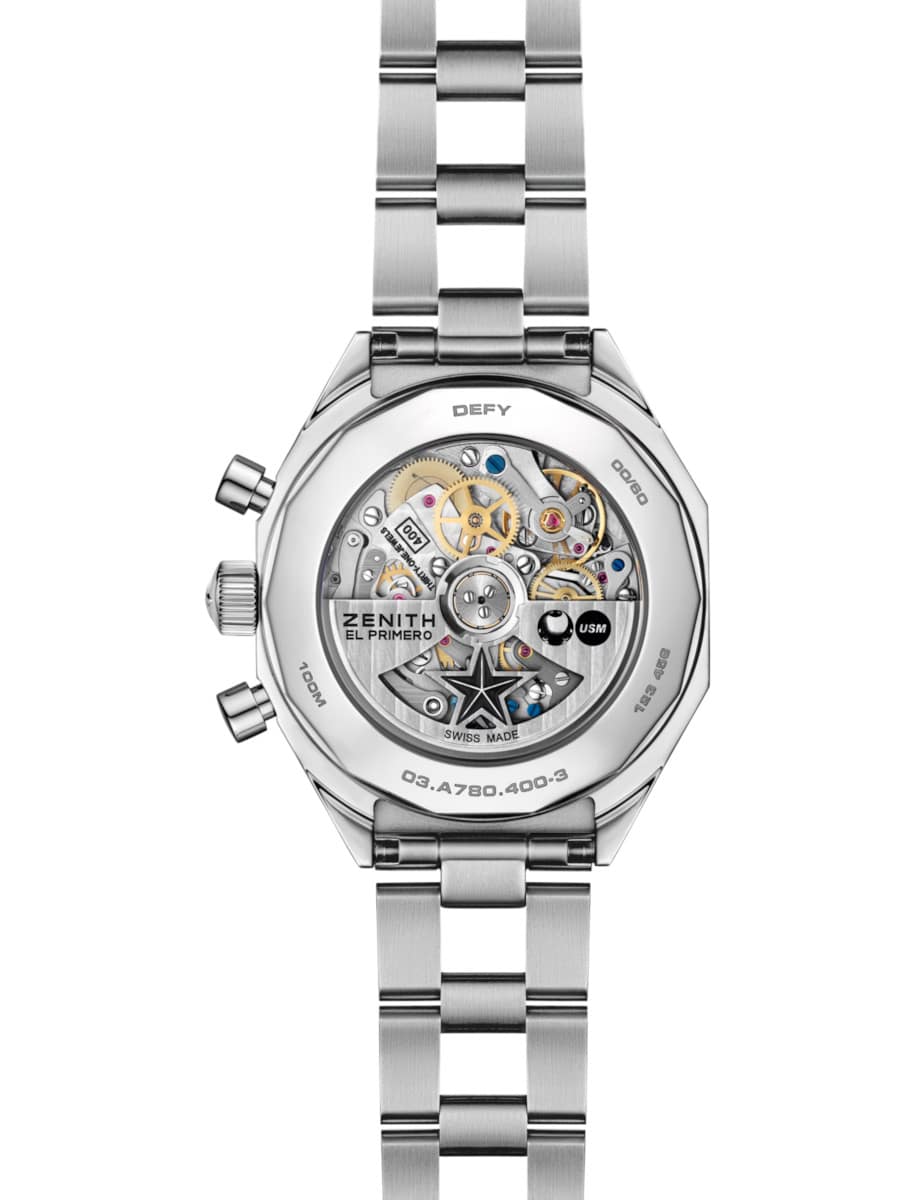 Back view of Zenith wristwatch with stainless steel case and bracelet.