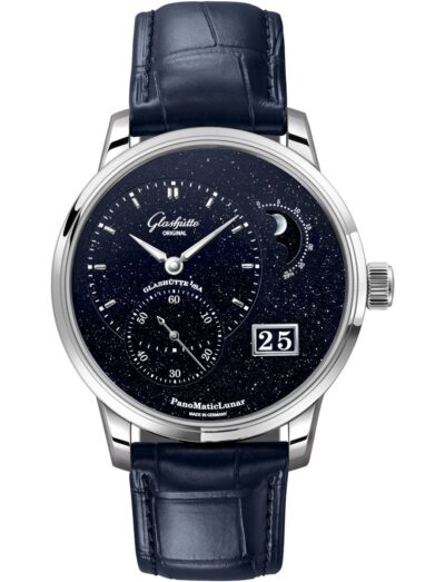 Glashutte Original wristwatch with platinum case, blue Louisiana alligator leather, and dark blue dial.