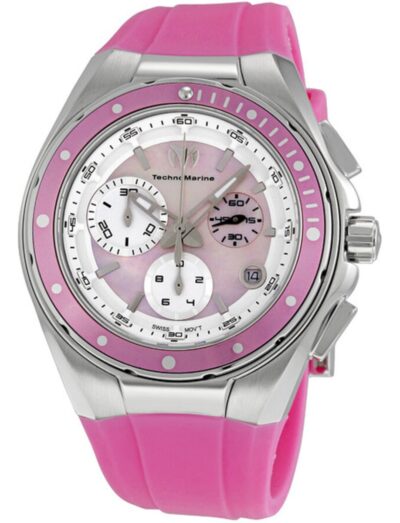 Technomarine wristwatch with stainless steel case, pink mother-of-pearl dial, and pink siliconestrap.