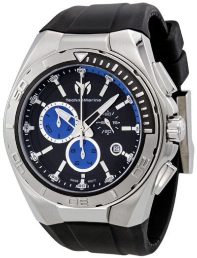 Technomarine wristwatch with stainless steel case, black rubber strap, and black and blue dial.