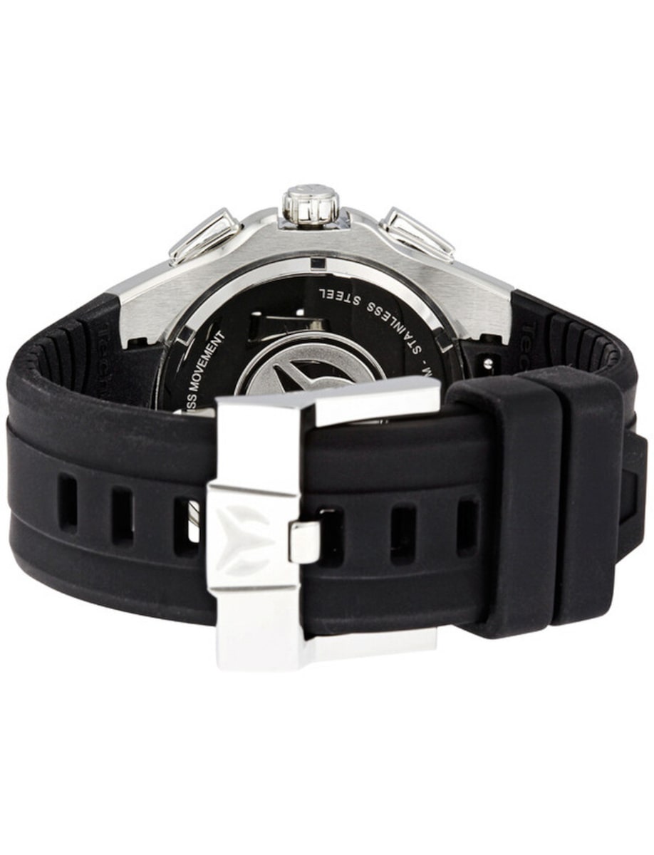 Back view of Technomarine wristwatch with stainless steel case, black rubber strap.