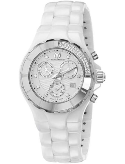 Technomarine wristwatch with ceramic case and bracelet, and white dial.
