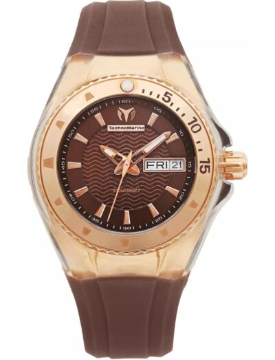 Technomarine wristwatch with yellow gold tone stainless steel case, brown rubber strap, and brown dial. | Feldmar Watch Co. Technomarine wristwatch with yellow gold tone stainless steel case, brown rubber strap, and brown dial.