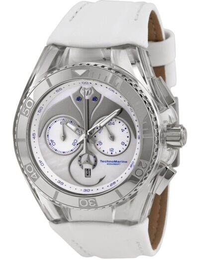 Technomarine wristwatch with stainless steel case, white and silver dial, and white satin strap.