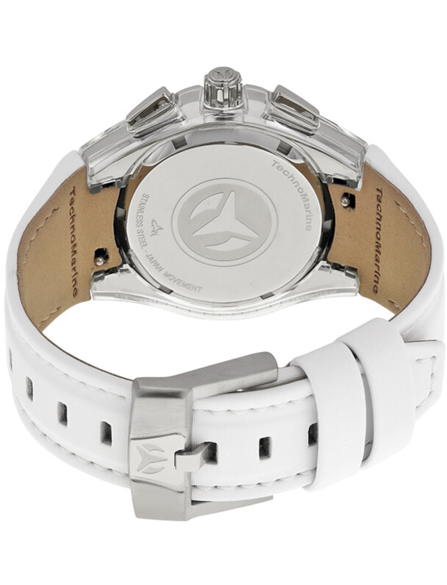 Back view of Technomarine wristwatch with stainless steel case, white, and white satin strap.