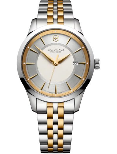 Victorinox wristwatch with stainless steel case and bracelet, silver and gold dial. | Feldmar Watch Co. Victorinox wristwatch with stainless steel case and bracelet, silver and gold dial.