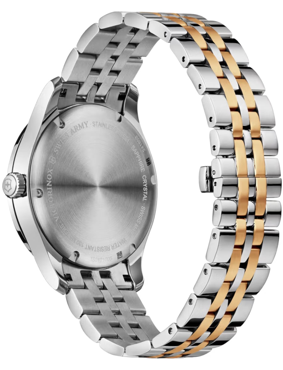 Back view Victorinox wristwatch with stainless steel case and bracelet.