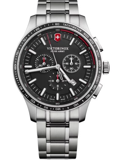 Victorinox wristwatch with stainless steel case and bracelet, and black dial. | Feldmar Watch Co. Victorinox wristwatch with stainless steel case and bracelet, and black dial.