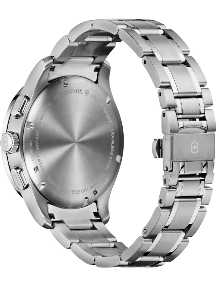 Back view of Victorinox wristwatch with stainless steel case and bracelet.