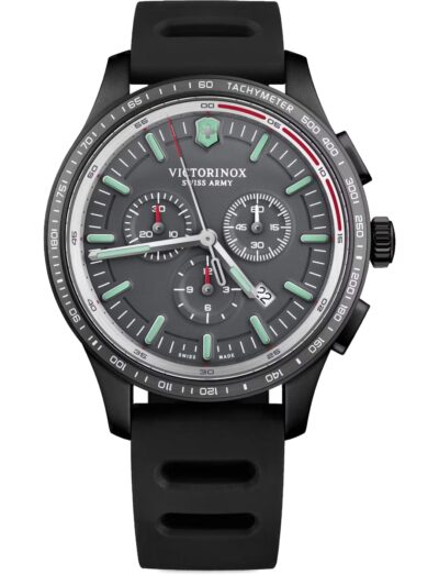 Victorinox wristwatch with stainless steel case, grey dial, black rubber strap. | Feldmar Watch Co. Victorinox wristwatch with stainless steel case, grey dial, black rubber strap.