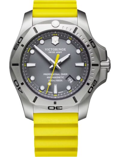 Victorinox wristwatch with stainless steel case, grey dial and yellow rubber strap
