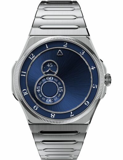 Trilobe wristwatch with stainless steel case and bracelet, and blue dial.