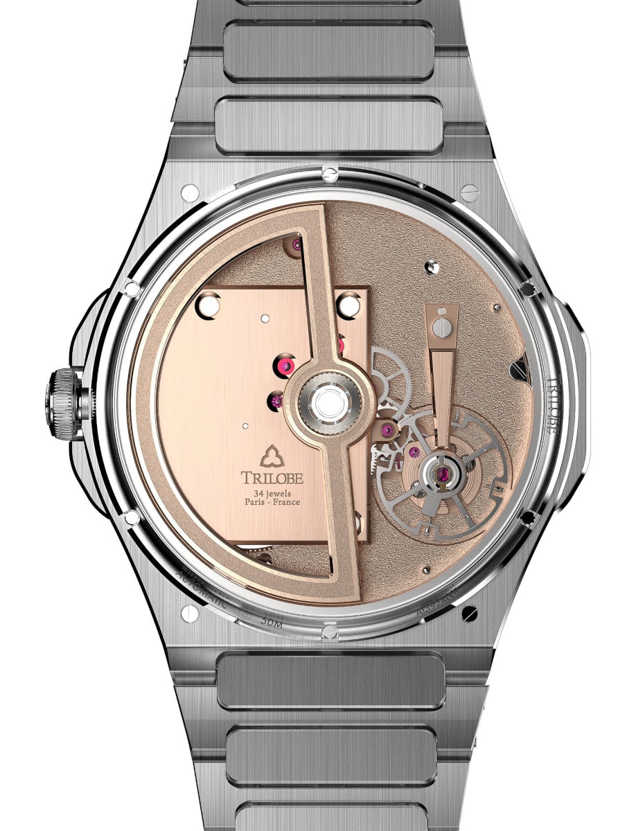 Trilobe wristwatch with stainless steel case and bracelet, and transparent case back.