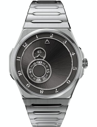 Trilobe wristwatch with stainless steel case and bracelet, and grey dial.