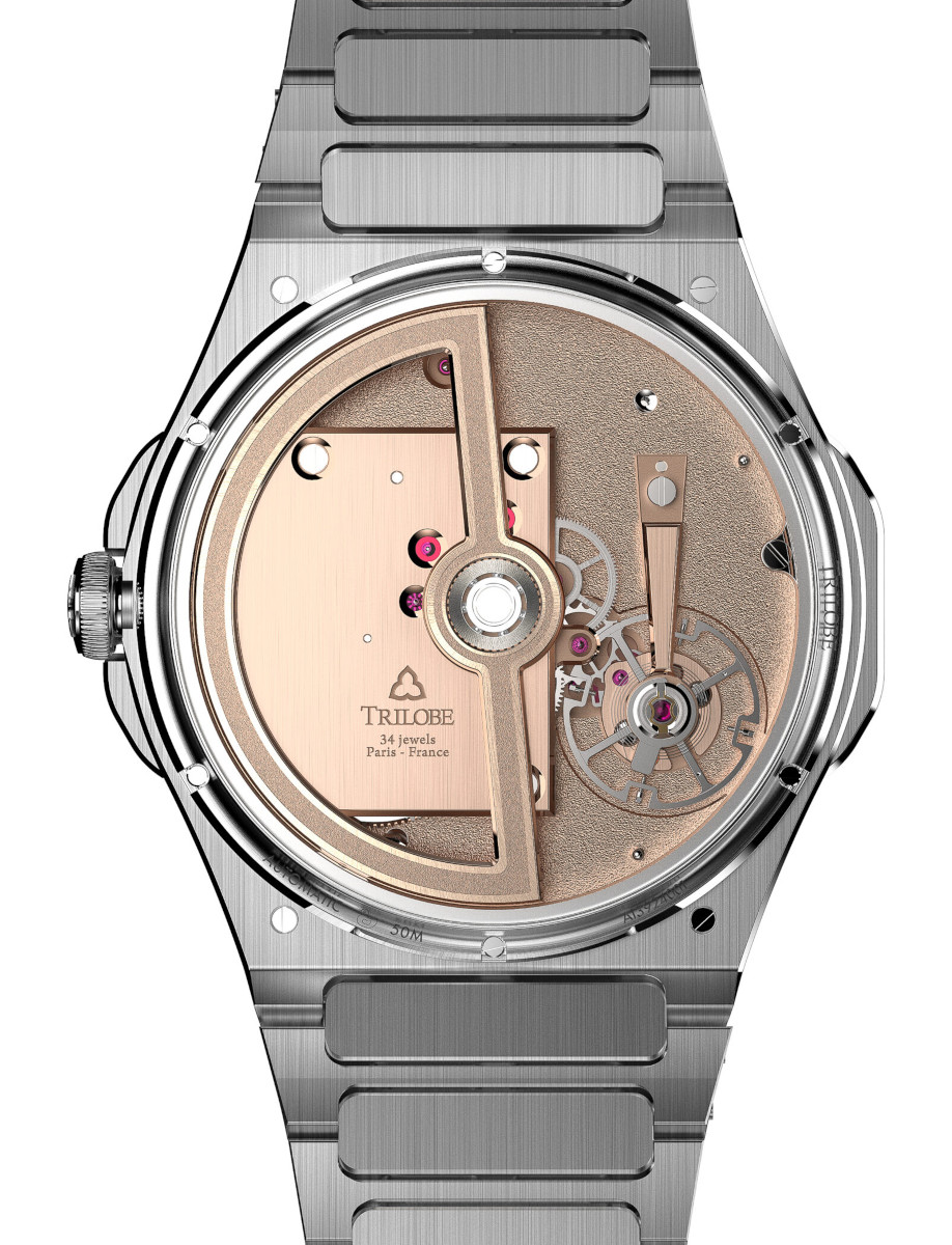 Trilobe wristwatch with stainless steel case and bracelet, and transparent case back.