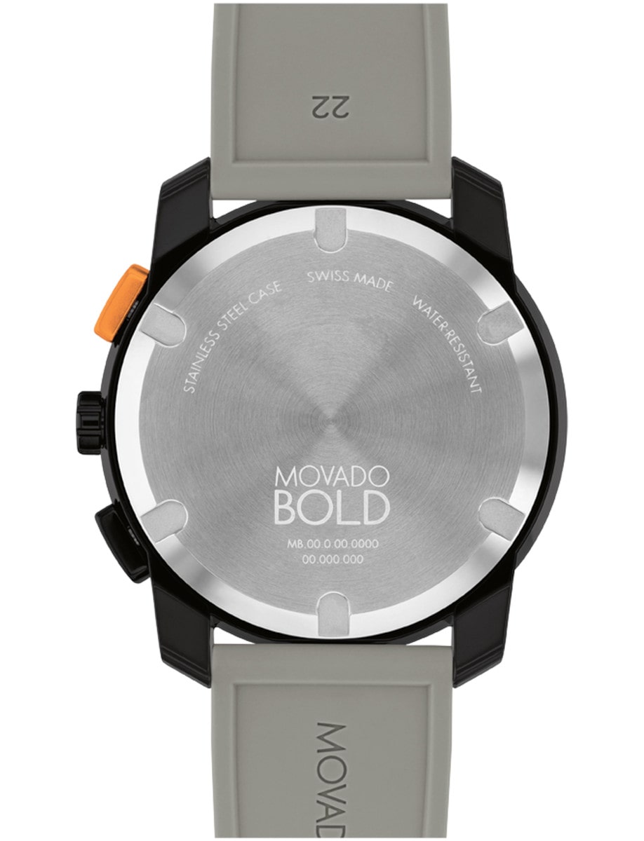 Back view of Movado wristwatch with black TR90 composite material, and grey silicone strap.