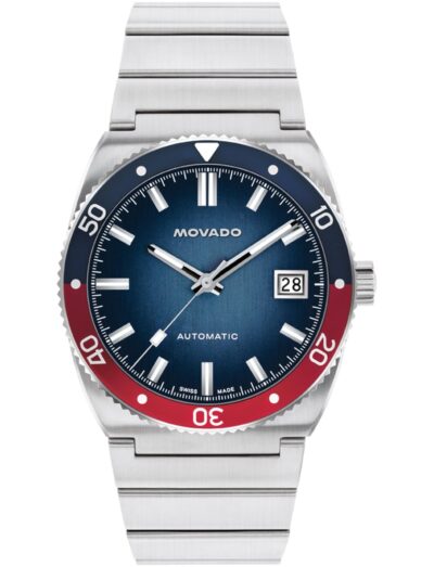 Movado wristwatch with stainless steel case and bracelet, blue and red split aluminum bezel, and a blue gradient dial.
