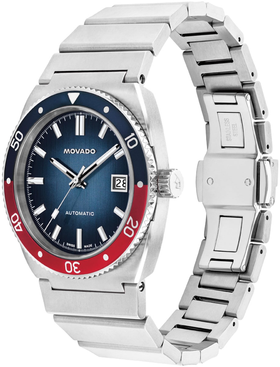 Side view of Movado wristwatch with stainless steel case and bracelet, blue and red split aluminum bezel, and a blue gradient dial.