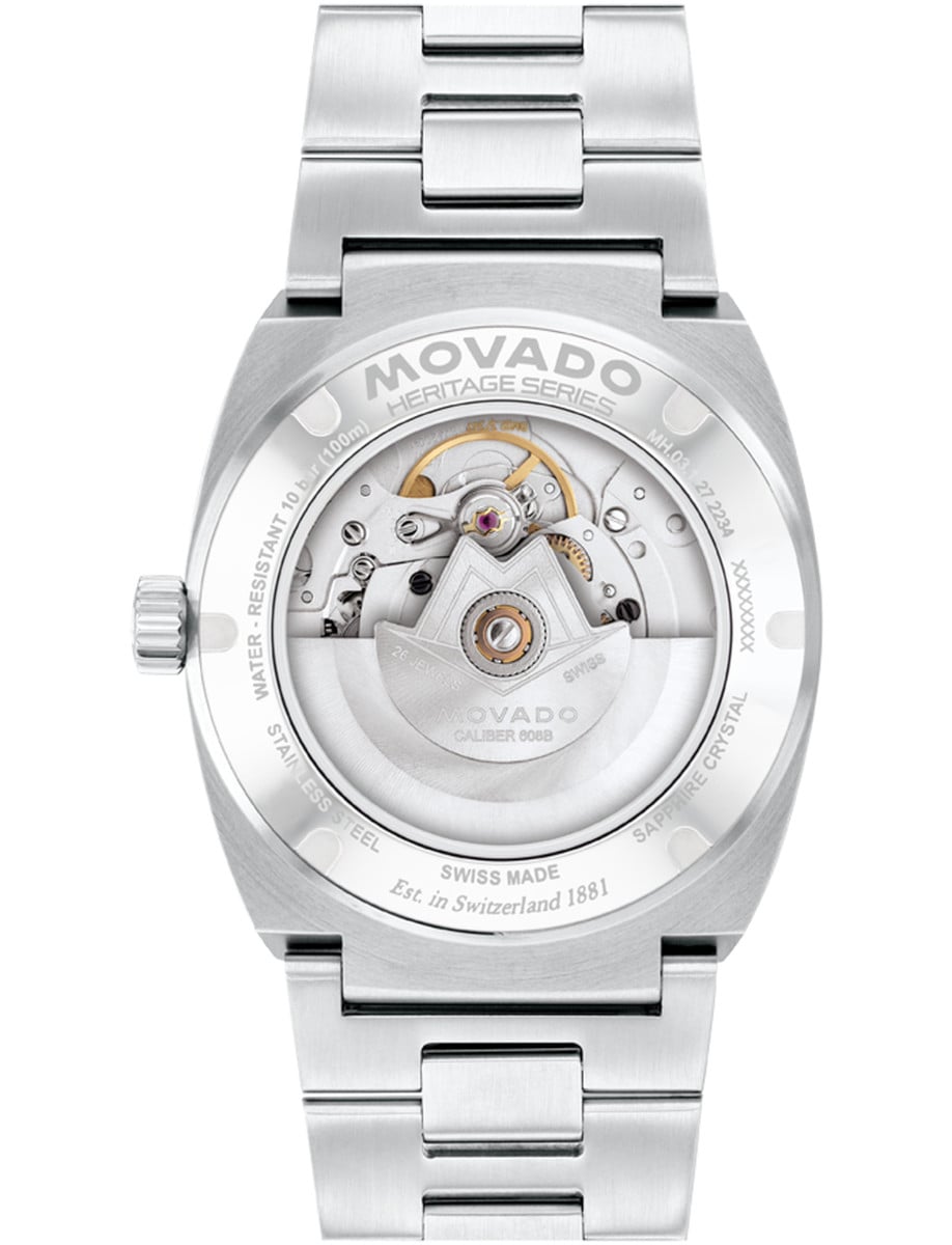 Back view of Movado wristwatch with stainless steel case and bracelet, and transparent case back