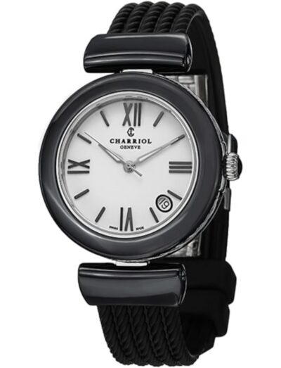 Charriol wristwatch with black ceramic case, white shiny enamel dial, and black rubber strap.