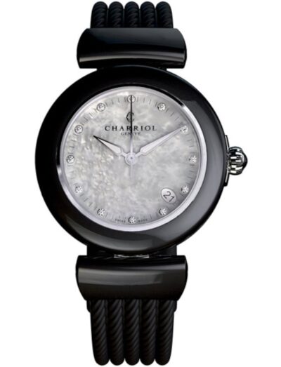 Charriol wristwatch with black ceramic case, white mother of pearl dial, and black rubber strap.