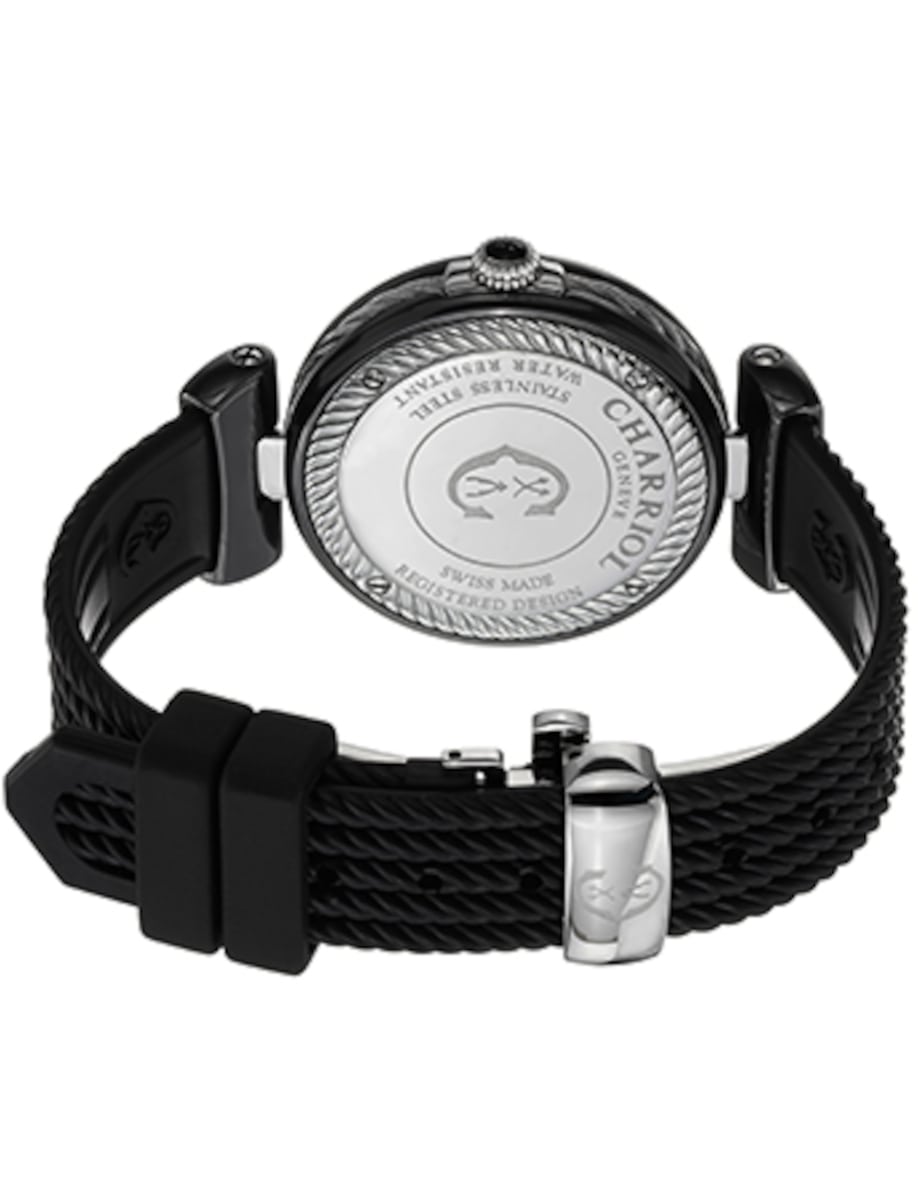 Back view of Charriol wristwatch with black ceramic case, and black rubber strap.