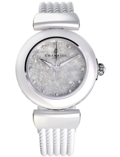 Charriol Vault wristwatch with white ceramic, white mother of pearl dial, white rubber strap.