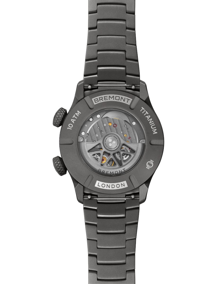 Back view of Bremont wristwatch with grade 2 titanium case and bracelet.