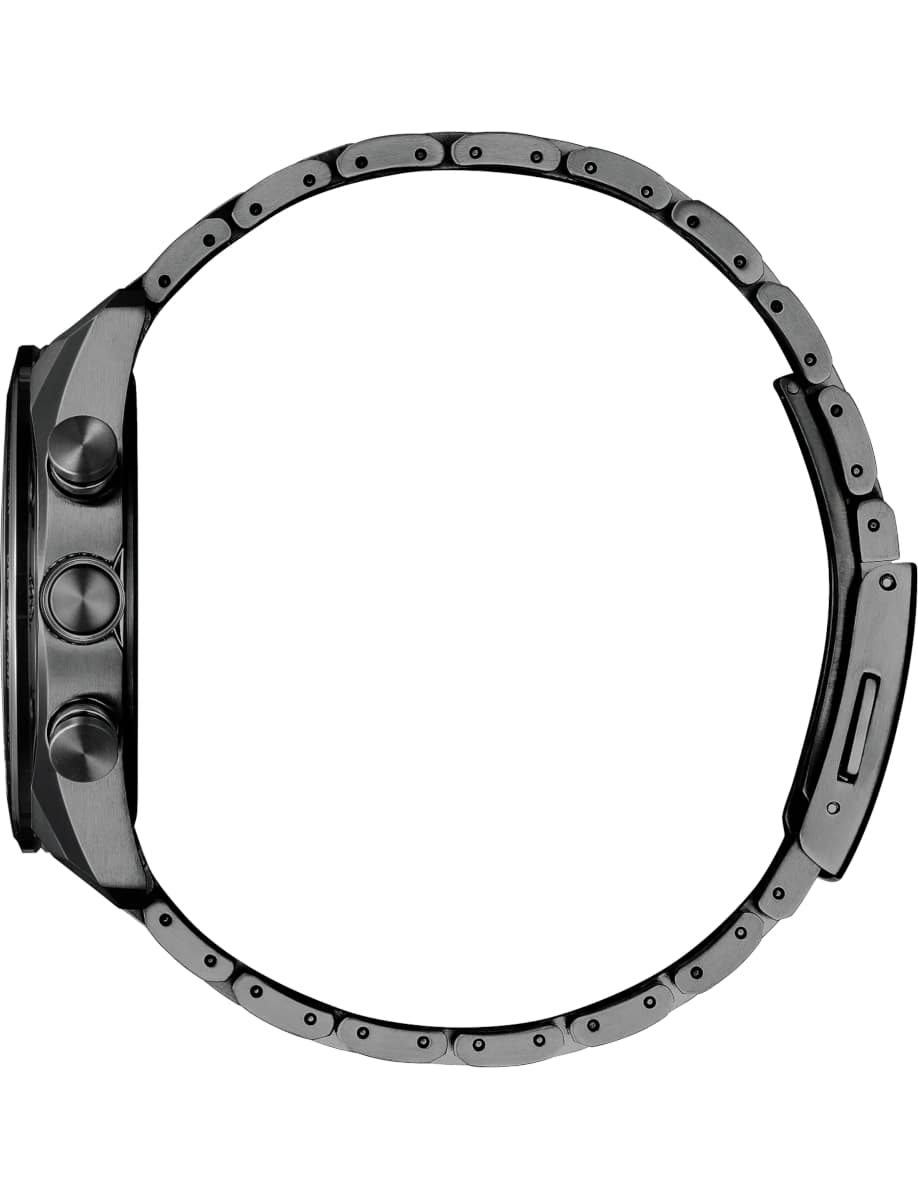 Side view of Citizen wristwatch with Super Titanium with DLC Coating case and bracelet and black dial