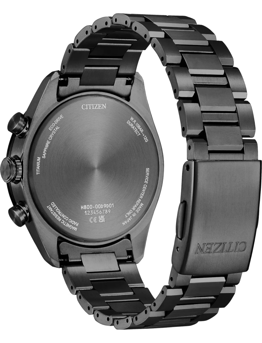 Back view of Citizen wristwatch with Super Titanium with DLC Coating case and bracelet and black dial