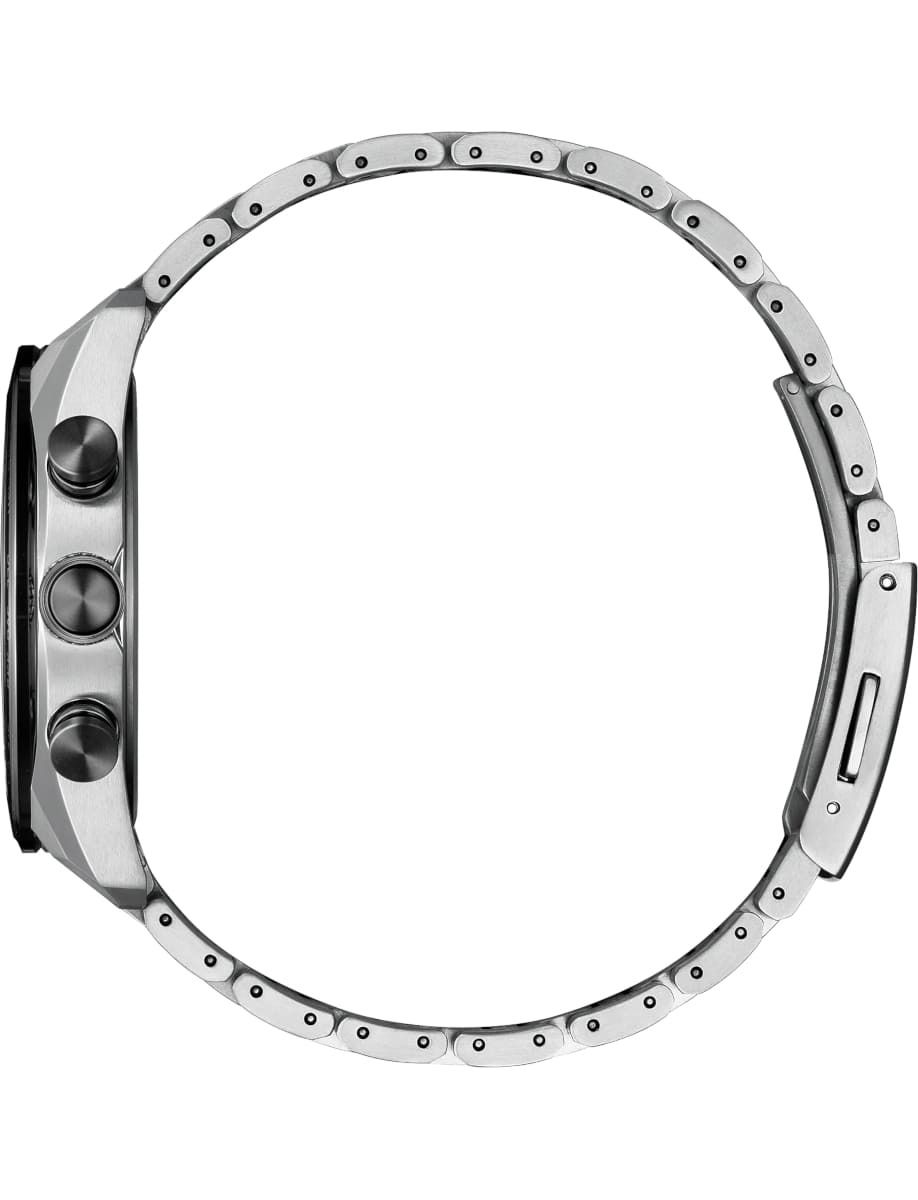 Side view of Citizen wristwatch with stainless steel case and bracelet and black dial