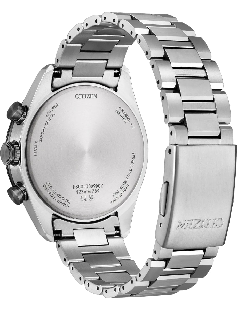 Back view of Citizen wristwatch with stainless steel case and bracelet and black dial