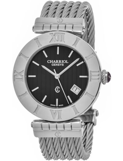 Charriol wristwatch with stainless steel case and bracelet, and black dial.