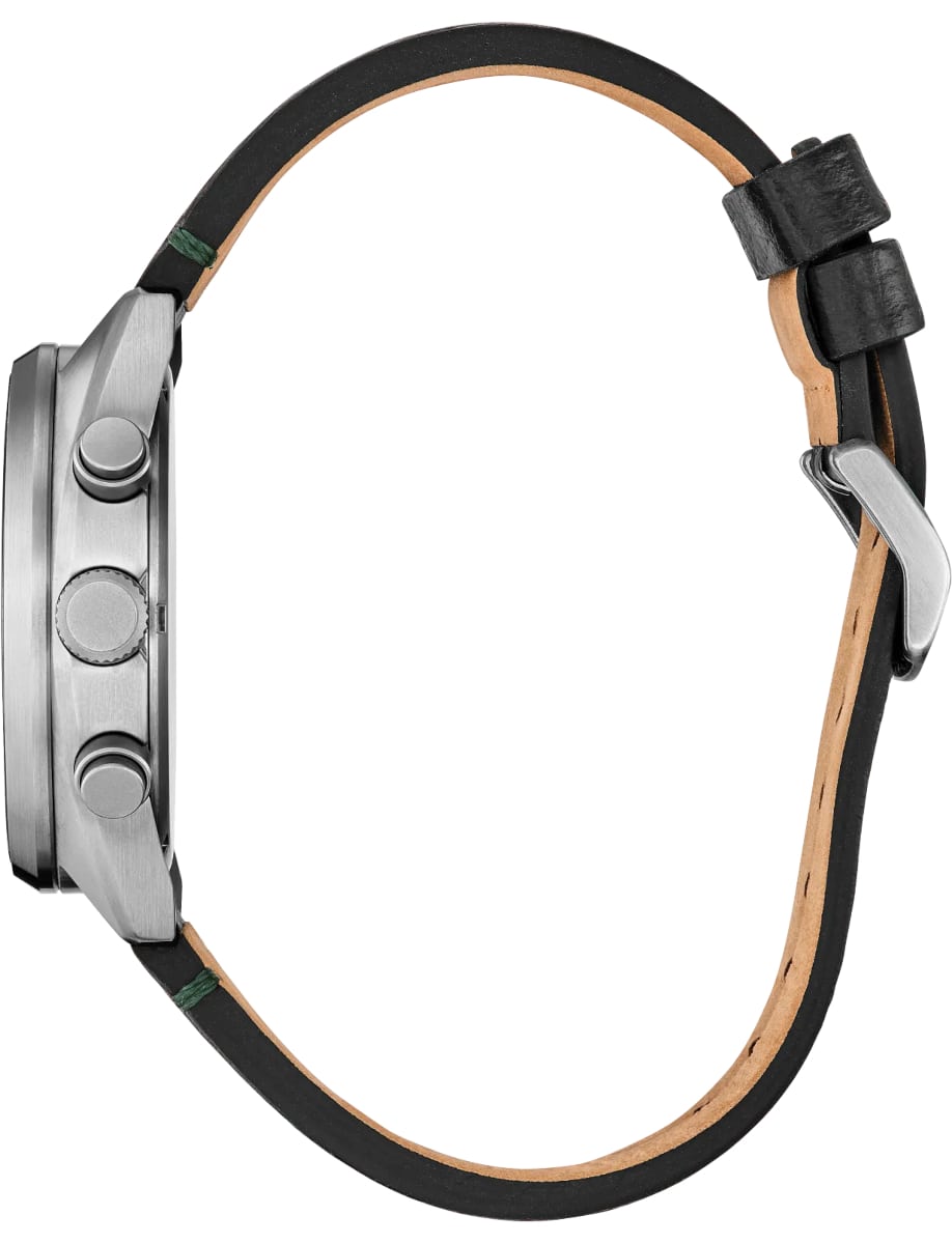 Side view of Citizen wristwatch with stainless steel case, green dial and leather strap