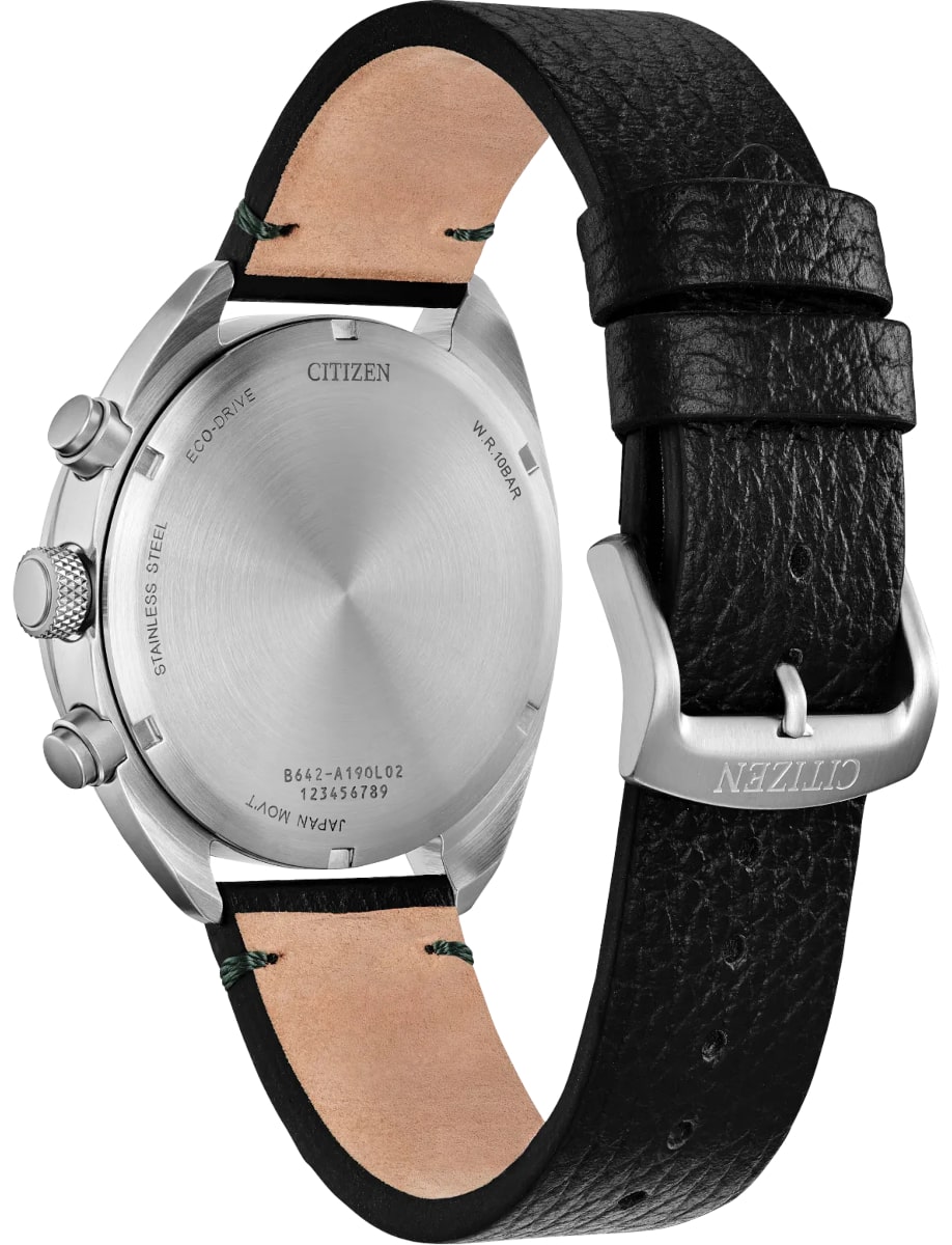 Back view of Citizen wristwatch with stainless steel case, green dial and leather strap
