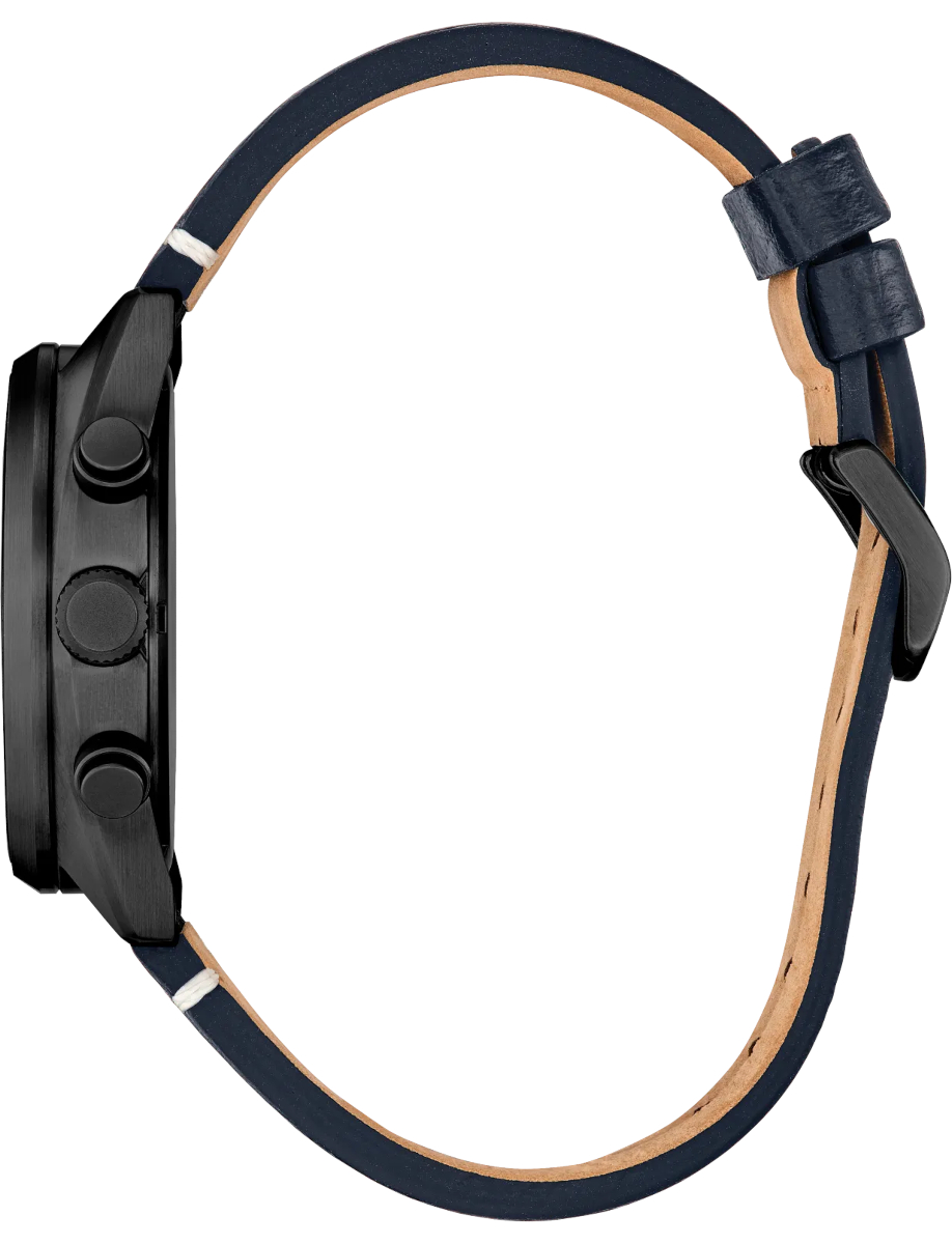 Side view of Citizen wristwatch with stainless steel case, blue dial and leather strap