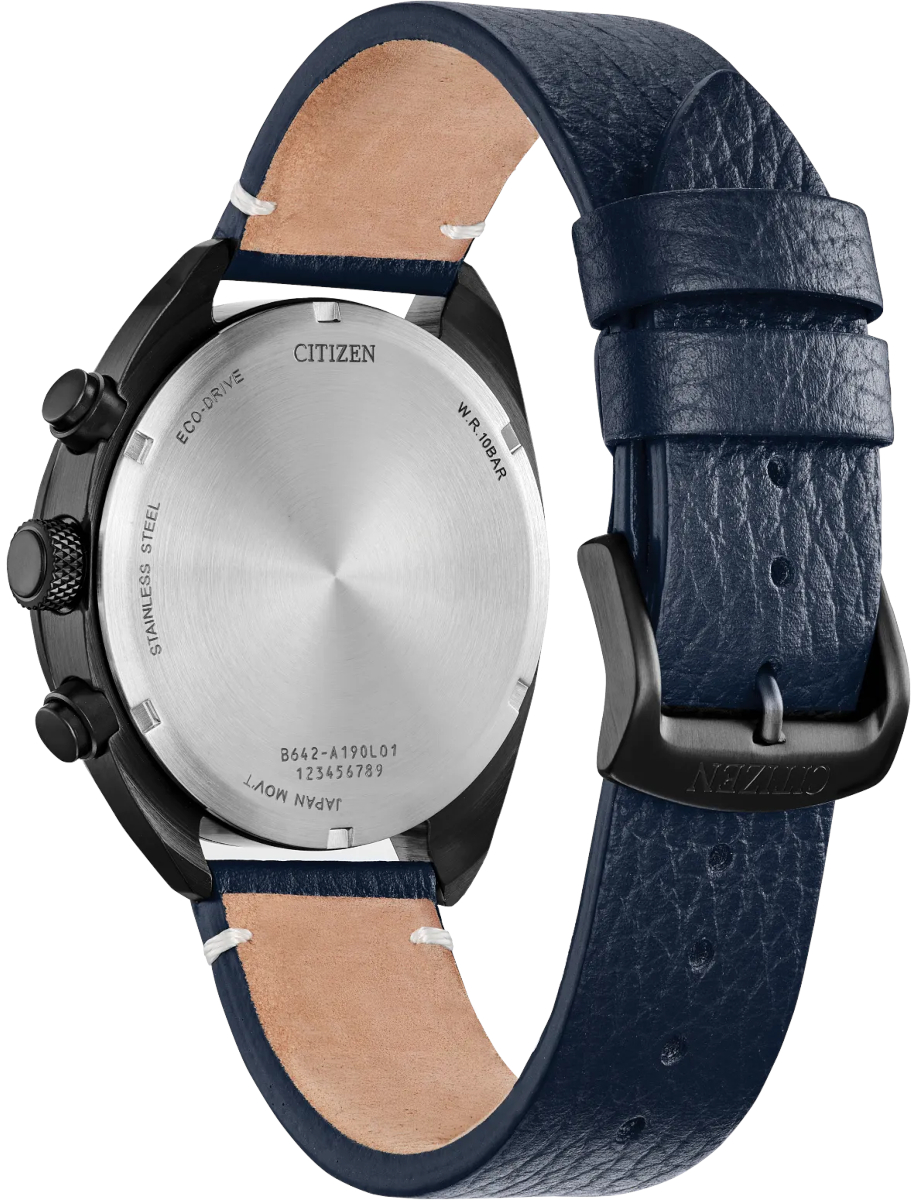 Back view of Citizen wristwatch with stainless steel case, blue dial and leather strap