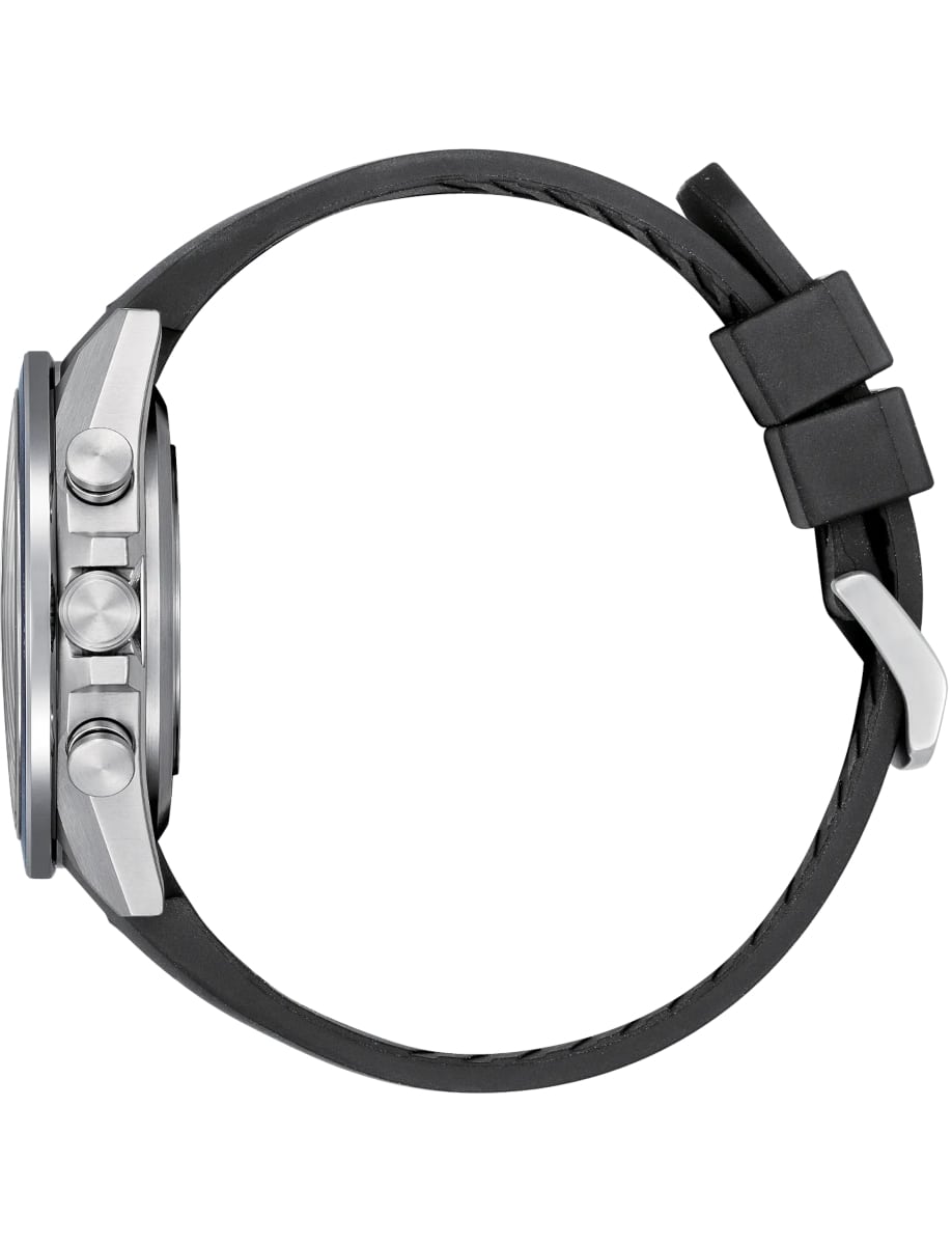 Side view of Citizen wristwatch with super titanium case, blue dial and polyurethane strap