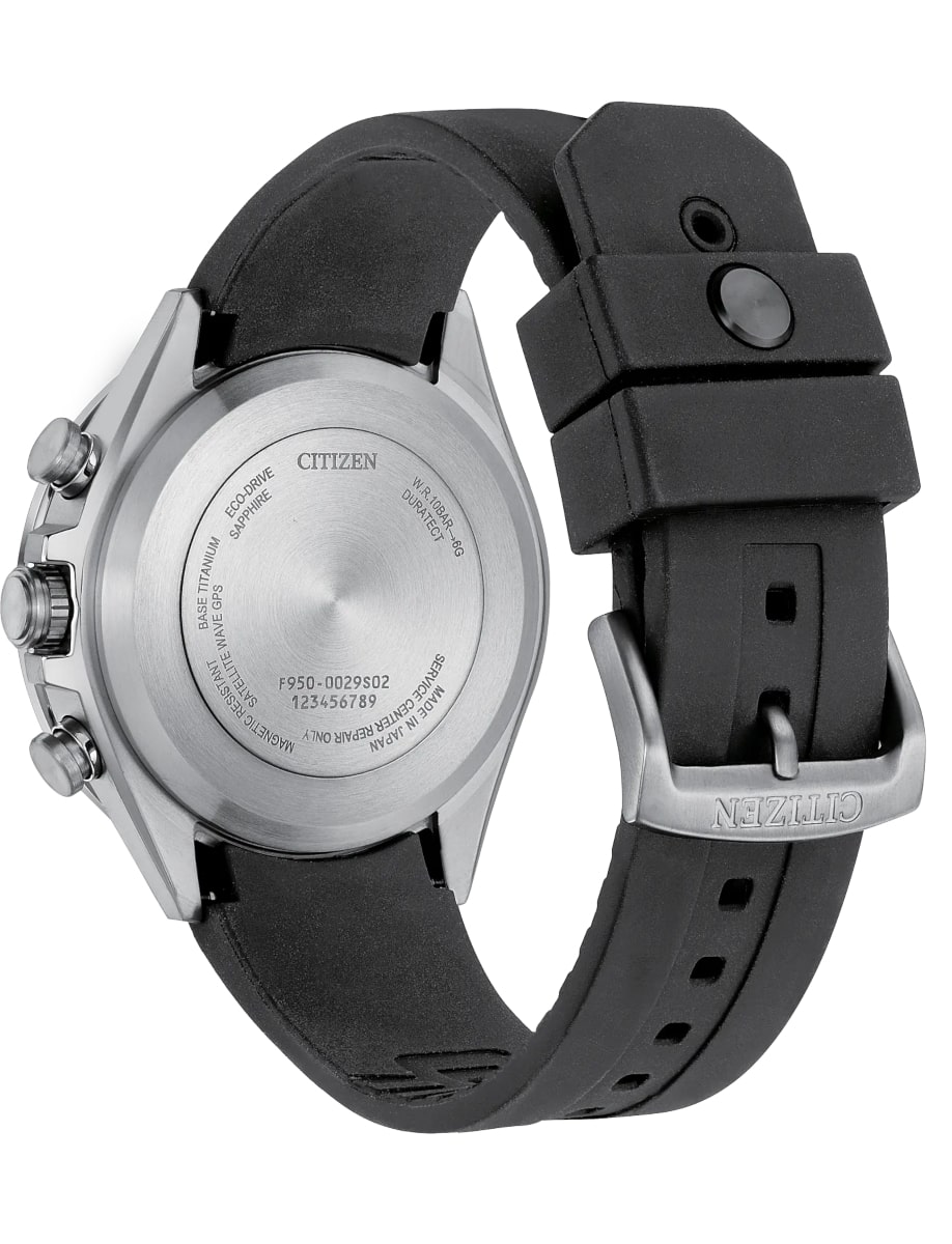 Back view of Citizen wristwatch with super titanium case, blue dial and polyurethane strap