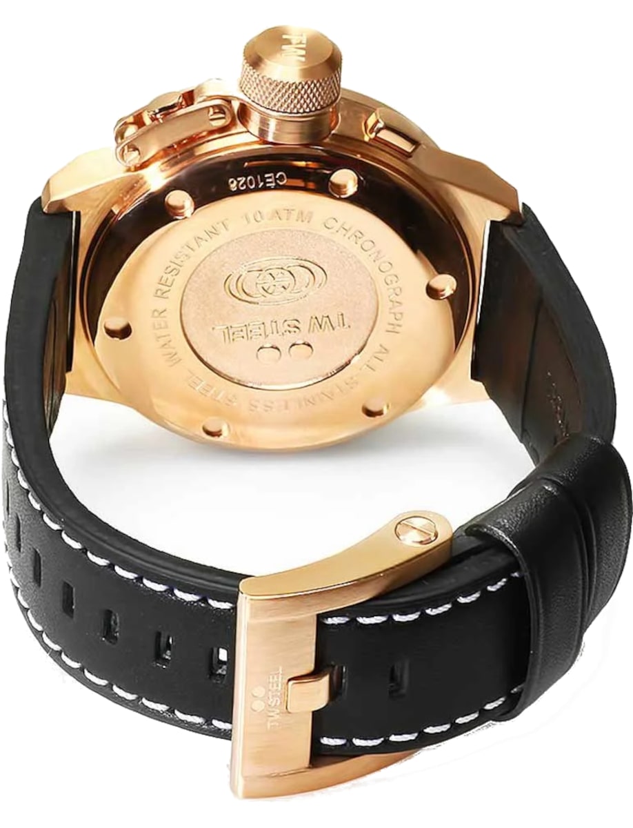 Back view of TW Steel wristwatch with rose gold ion plated solid stainless steel, and black leather strap.