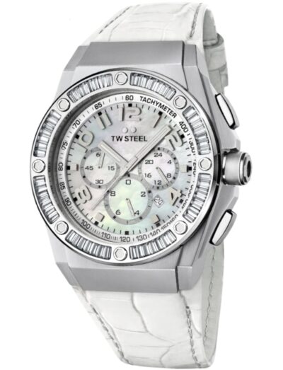 TW Steel wristwatch with stainless steel case, white mother of pearl dial and white leather strap | Feldmar Watch Co. TW Steel wristwatch with stainless steel case, white mother of pearl dial and white leather strap