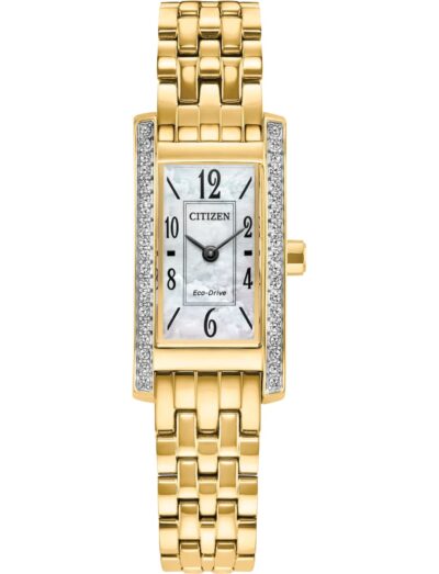 Citizen wristwatch with gold tone stainless steel bezel with crystals and white dial