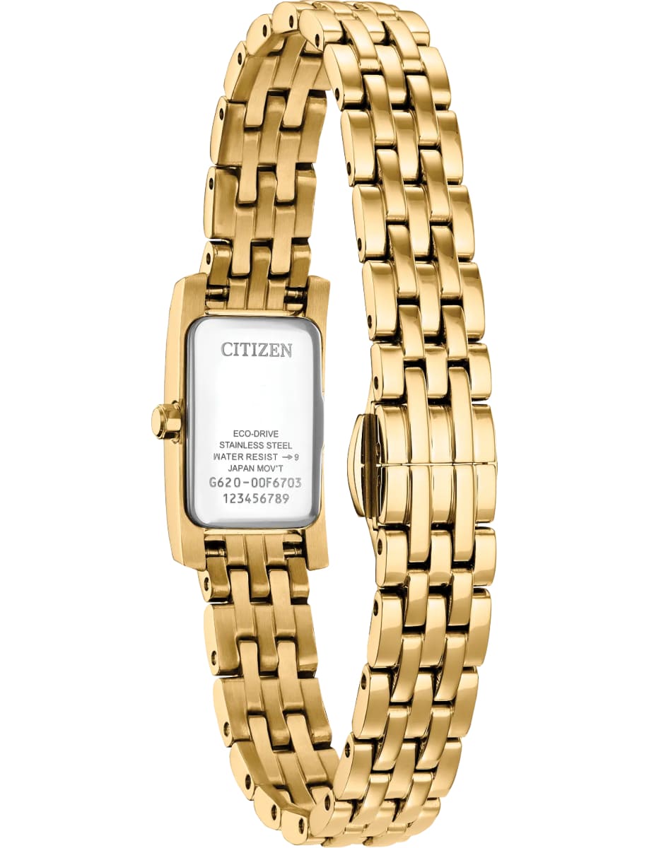 Back view of Citizen wristwatch with gold tone stainless steel